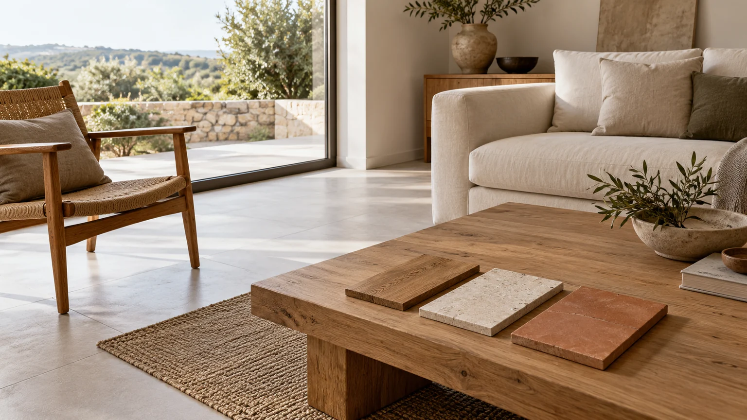 Salón con suelo claro y tres muestras de pavimento sobre una mesa de madera