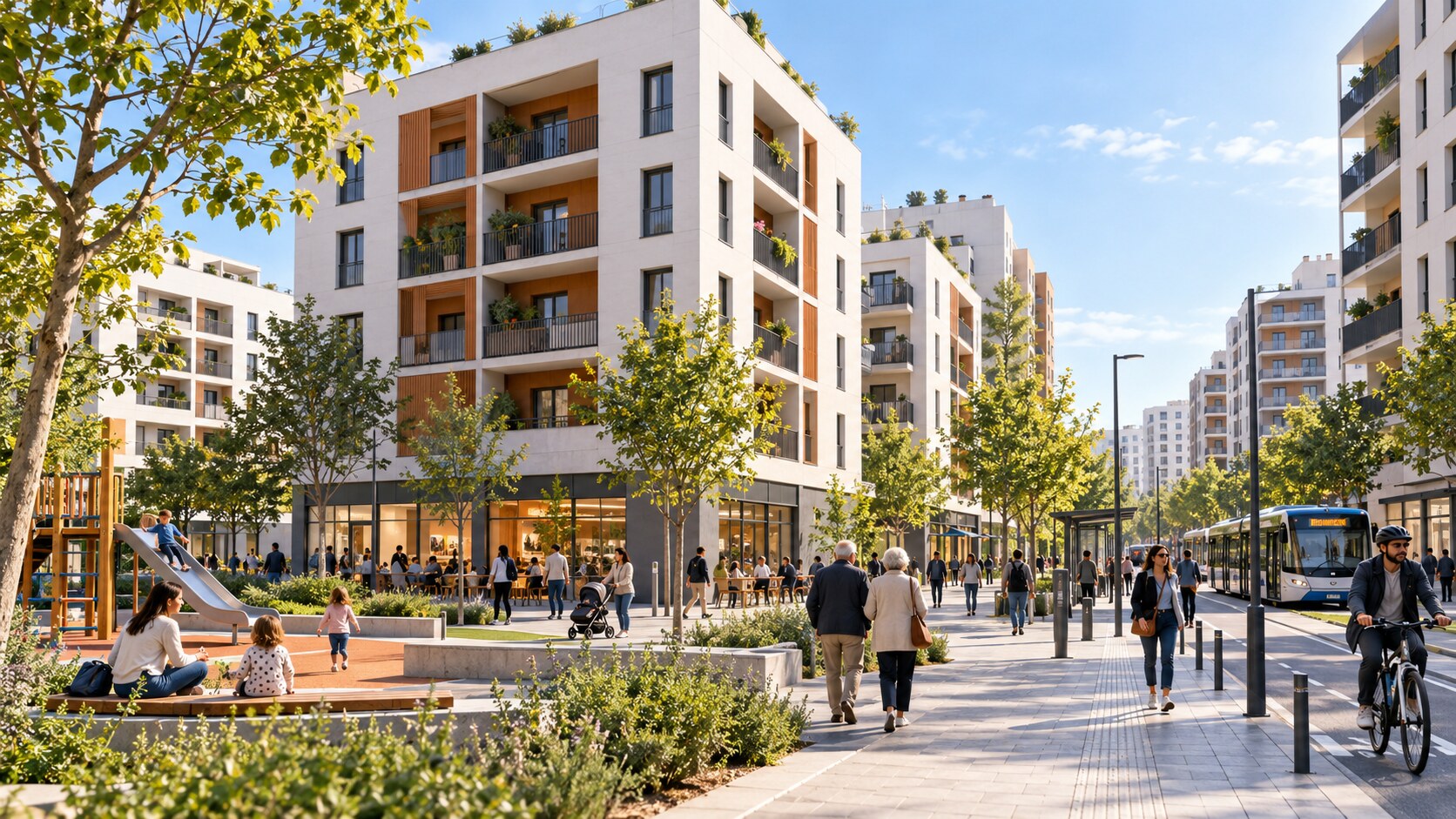 Conjunto residencial urbano con viviendas, comercio de proximidad, árboles y transporte cercano.