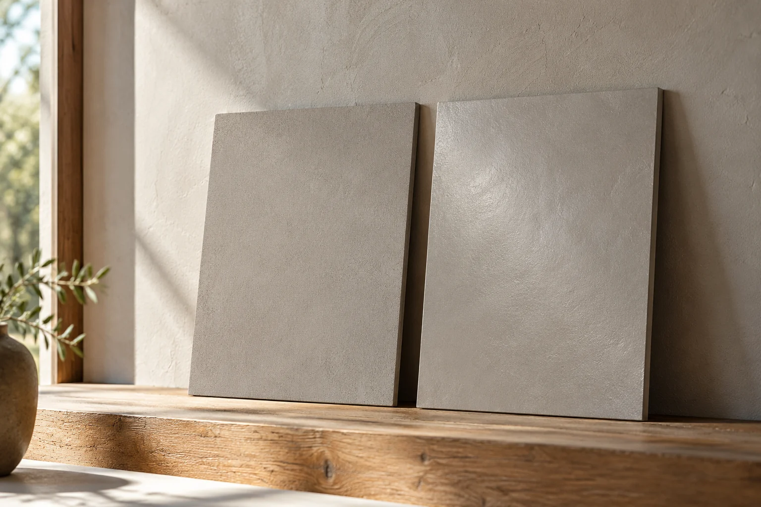 Dos paneles grises sobre una repisa de madera con diferente reflejo de la luz
