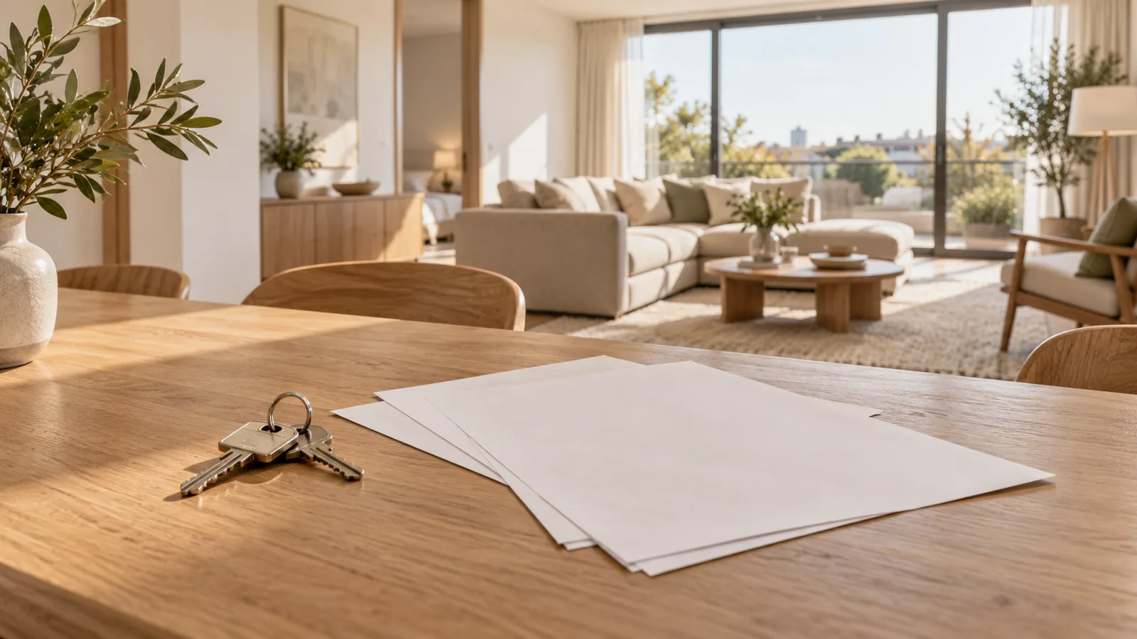 Llaves y documentos en blanco sobre una mesa delante de un salón luminoso