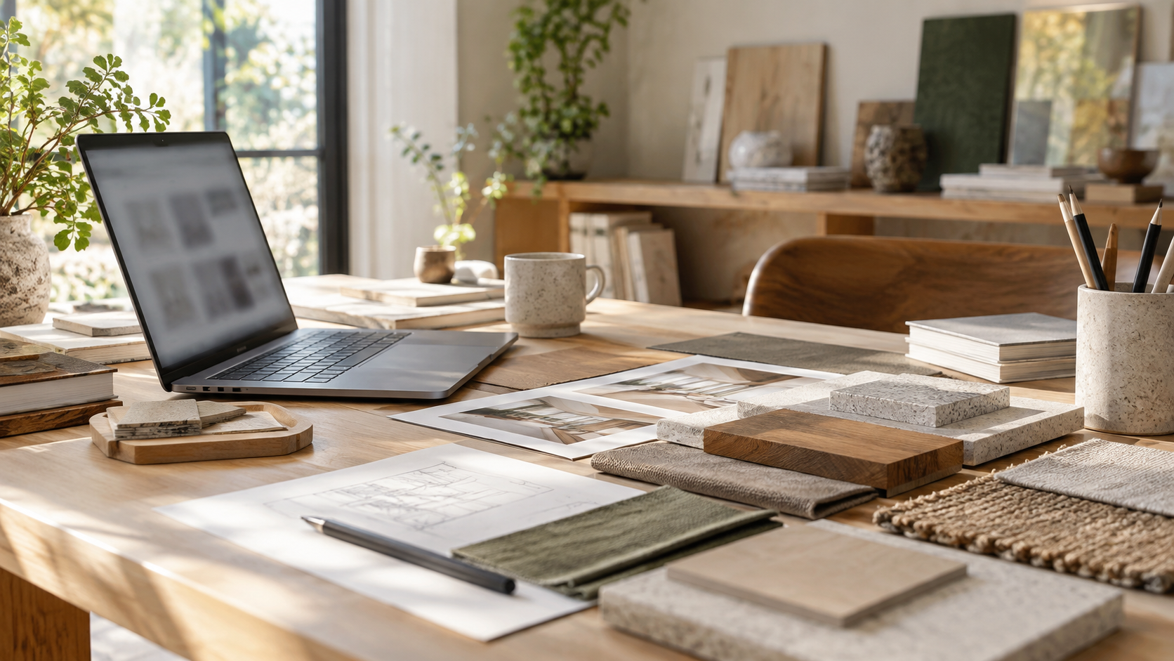 Escritorio de diseño con portátil, documentos y muestras de materiales para mobiliario contract.