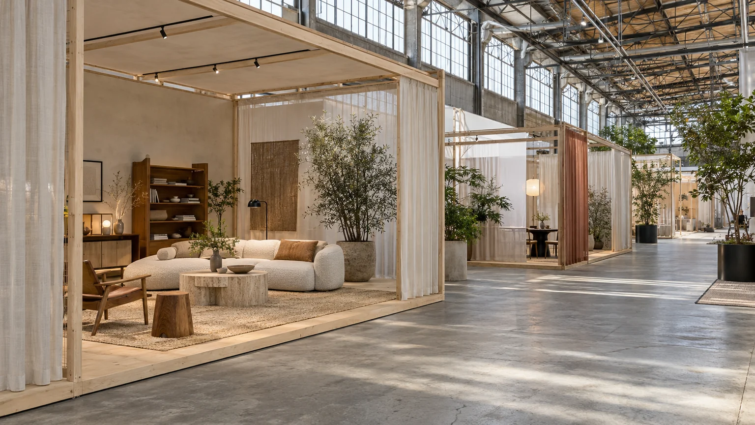 Recreación de una feria de interiorismo en una nave industrial con pabellones de madera y vegetación
