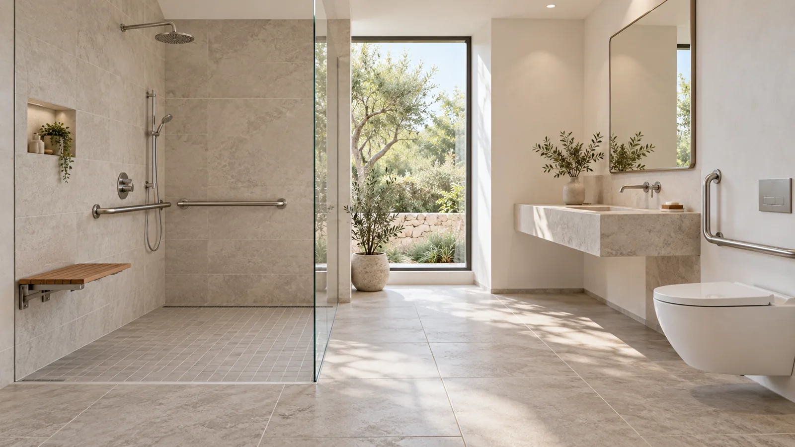 Baño con ducha a ras de suelo, asiento y barras metálicas de apoyo