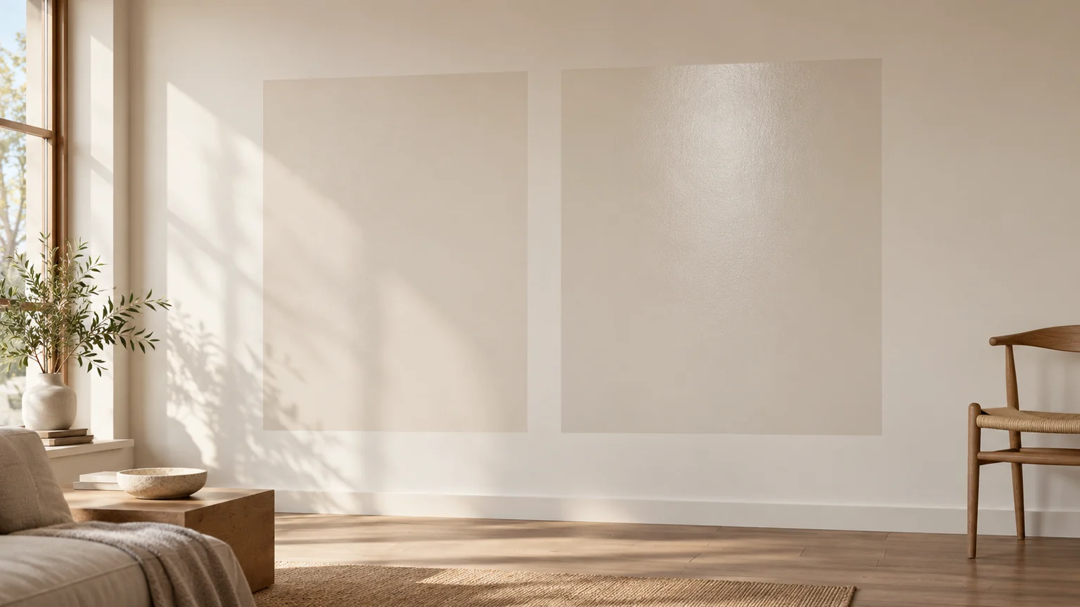 Dos muestras rectangulares de pintura clara en una pared con luz lateral de ventana
