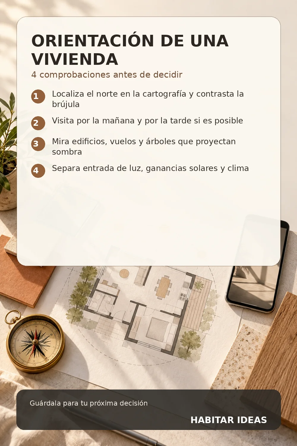 Infografía vertical con cuatro comprobaciones para valorar la orientación de una vivienda