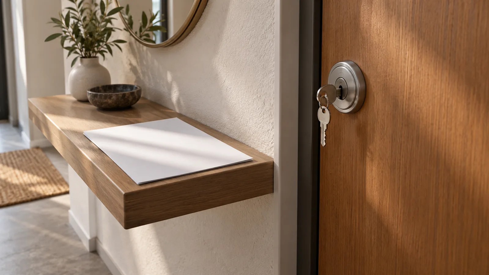 Llave en la cerradura de una puerta de madera y papeles en blanco sobre una repisa