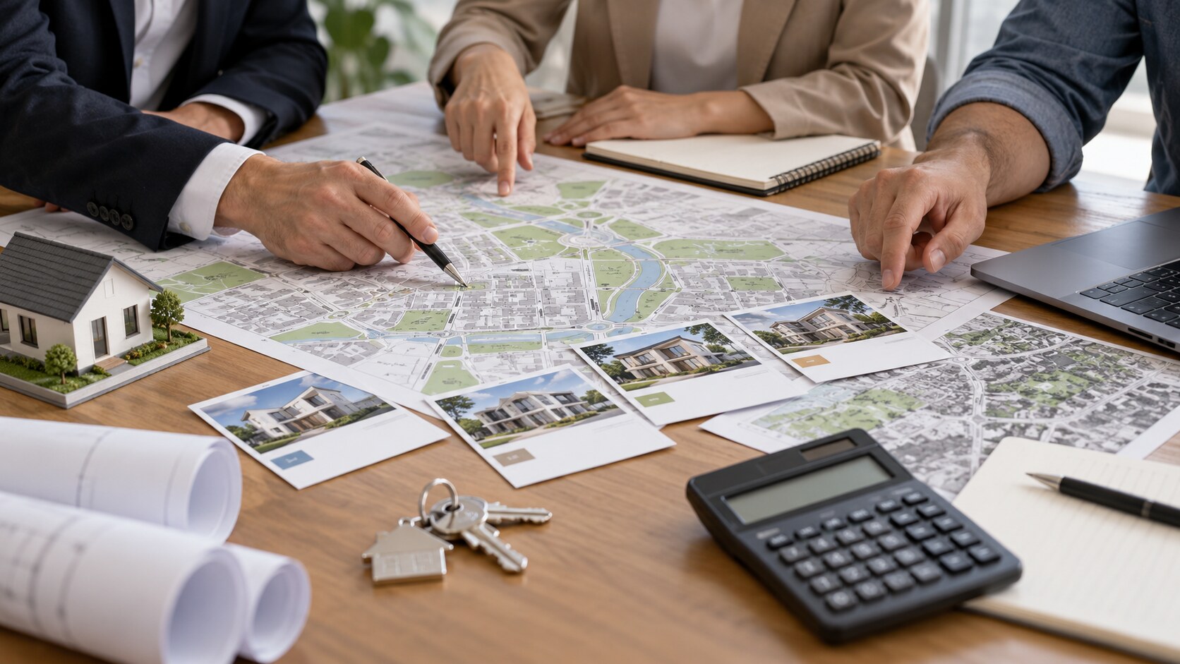 Mesa con plano urbano, llaves, calculadora y manos de técnicos revisando localizaciones.